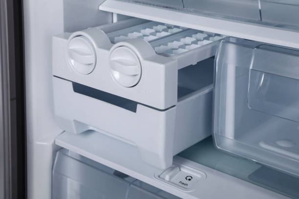 Closeup view of the home refrigerator , ice maker